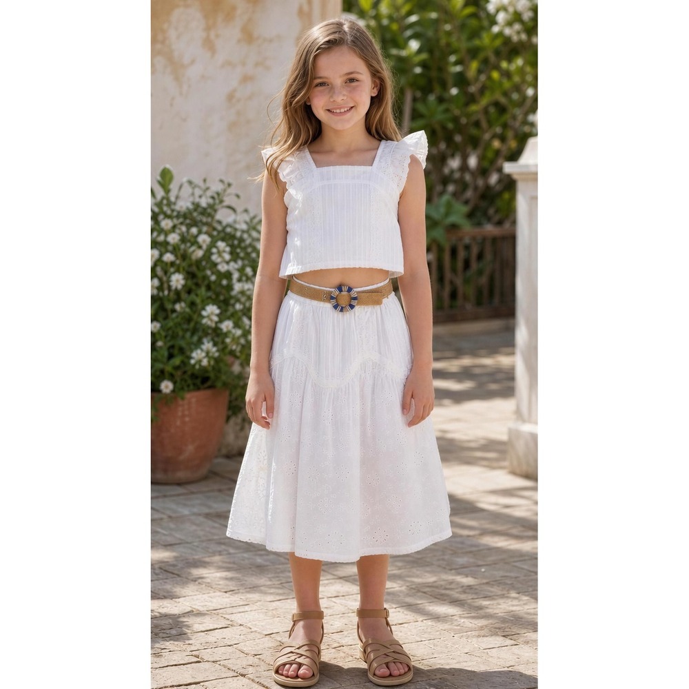 Haute Hippie Style Girls White Eyelet 2-Piece Crop Top and Skirt Set with Belt